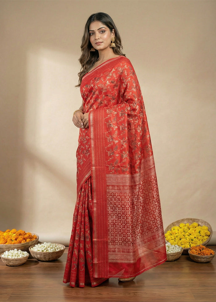 Red Dupion Silk Saree With Blouse Piece