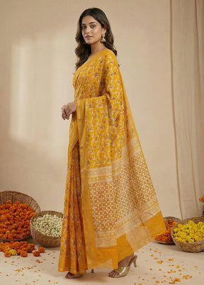 Yellow Dupion Silk Saree With Blouse Piece