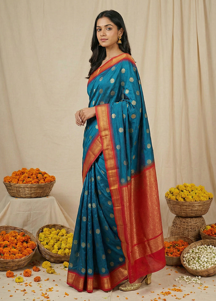 Blue Handloom Kanjivaram Pure Silk Saree With Blouse Piece