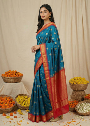 Blue Handloom Kanjivaram Pure Silk Saree With Blouse Piece
