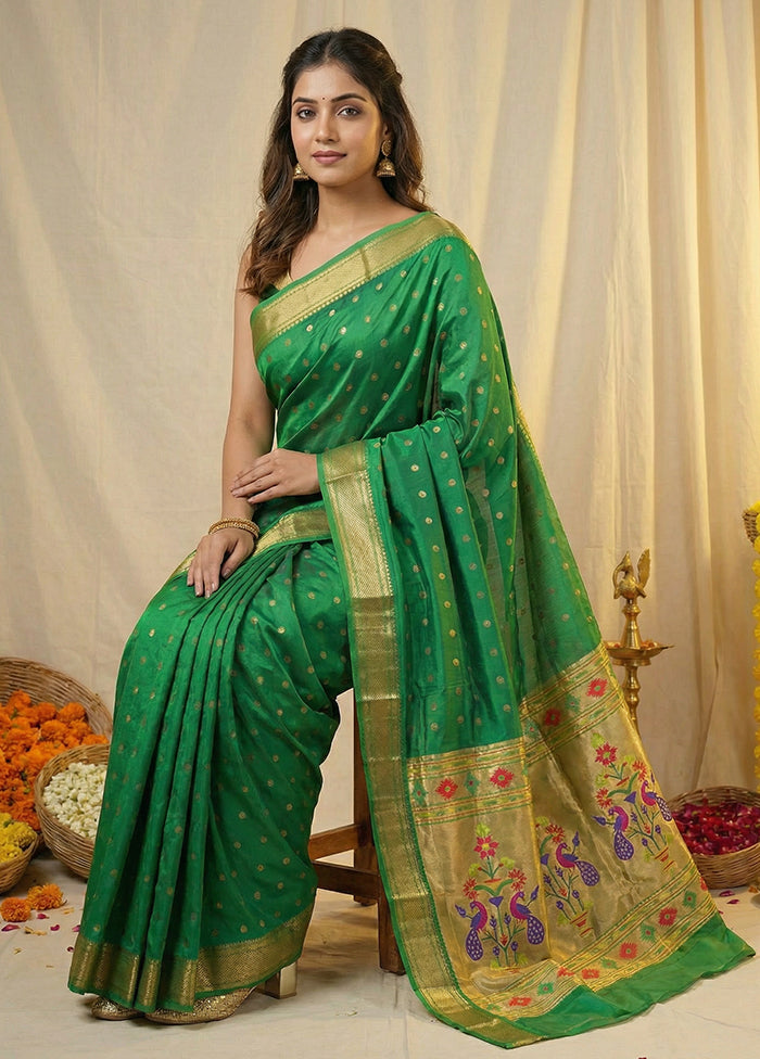 Green Handloom Kanjivaram Pure Silk Saree With Blouse Piece