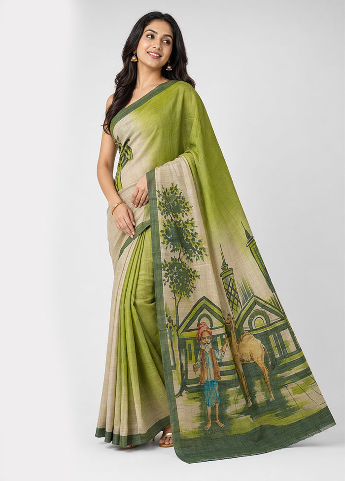 Cream Handloom Tussar Pure Silk Saree With Blouse Piece