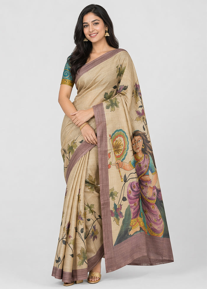 Cream Handloom Tussar Pure Silk Saree With Blouse Piece