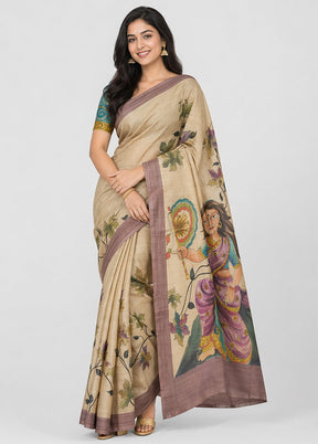 Cream Handloom Tussar Pure Silk Saree With Blouse Piece