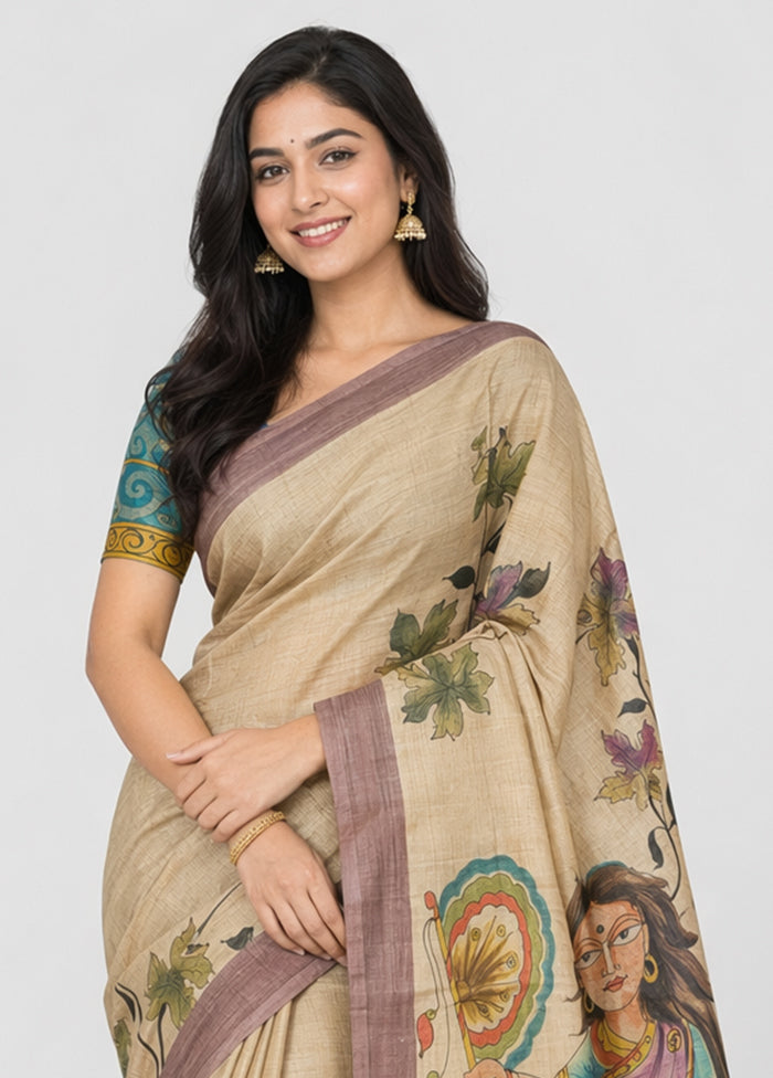 Cream Handloom Tussar Pure Silk Saree With Blouse Piece