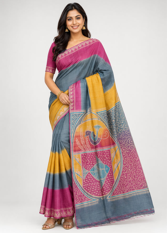 Purple Handloom Tussar Pure Silk Saree With Blouse Piece
