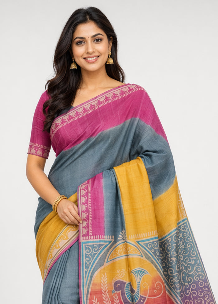 Purple Handloom Tussar Pure Silk Saree With Blouse Piece