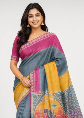 Purple Handloom Tussar Pure Silk Saree With Blouse Piece