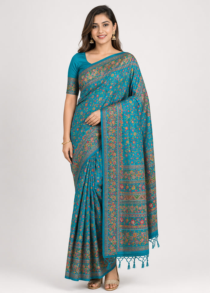 Blue Dupion Silk Saree With Blouse Piece