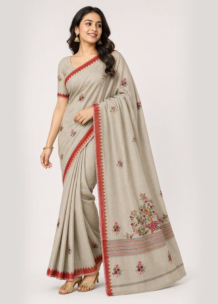 Grey Linen Silk Saree With Blouse Piece