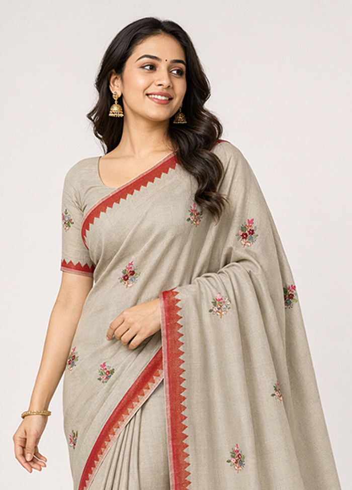Grey Linen Silk Saree With Blouse Piece