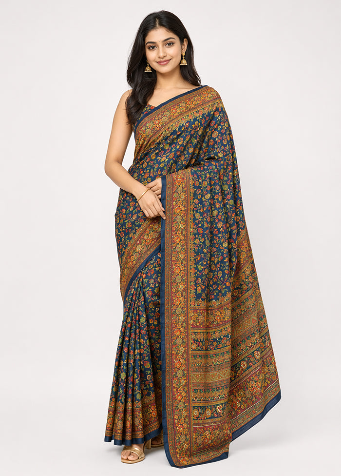 Blue Dupion Silk Saree With Blouse Piece