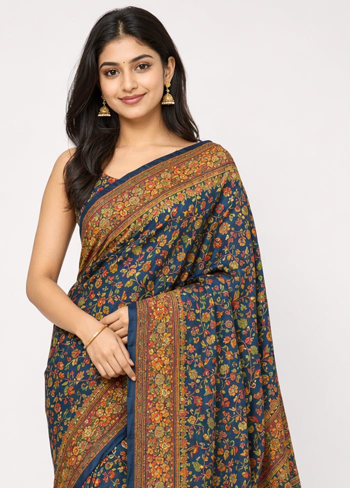 Blue Dupion Silk Saree With Blouse Piece