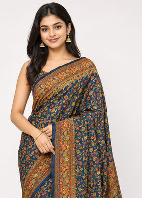 Blue Dupion Silk Saree With Blouse Piece