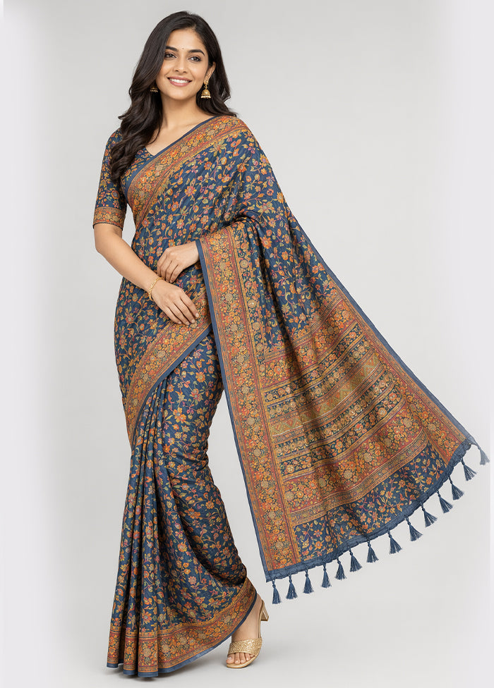Blue Dupion Silk Saree With Blouse Piece
