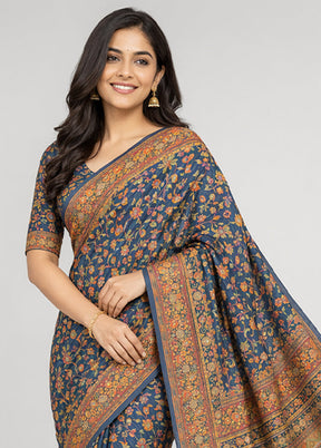 Blue Dupion Silk Saree With Blouse Piece