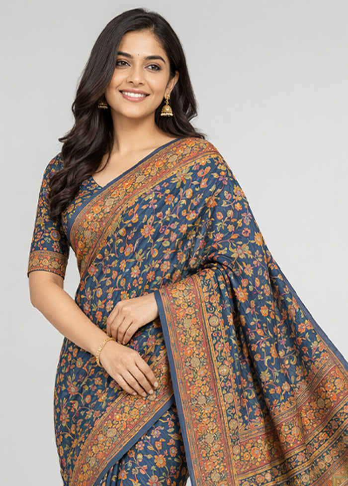Blue Dupion Silk Saree With Blouse Piece