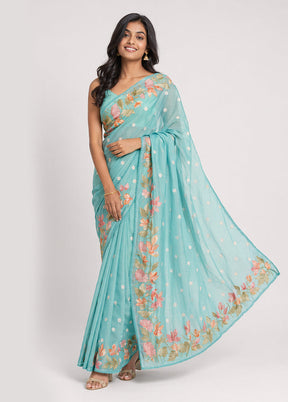 Blue Pure Cotton Saree With Blouse Piece