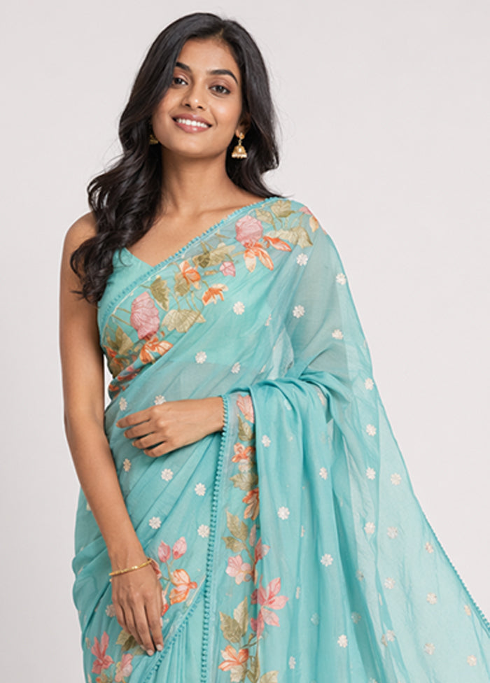 Blue Pure Cotton Saree With Blouse Piece