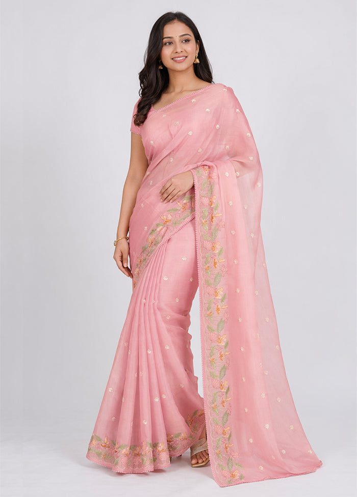 Pink Pure Cotton Saree With Blouse Piece