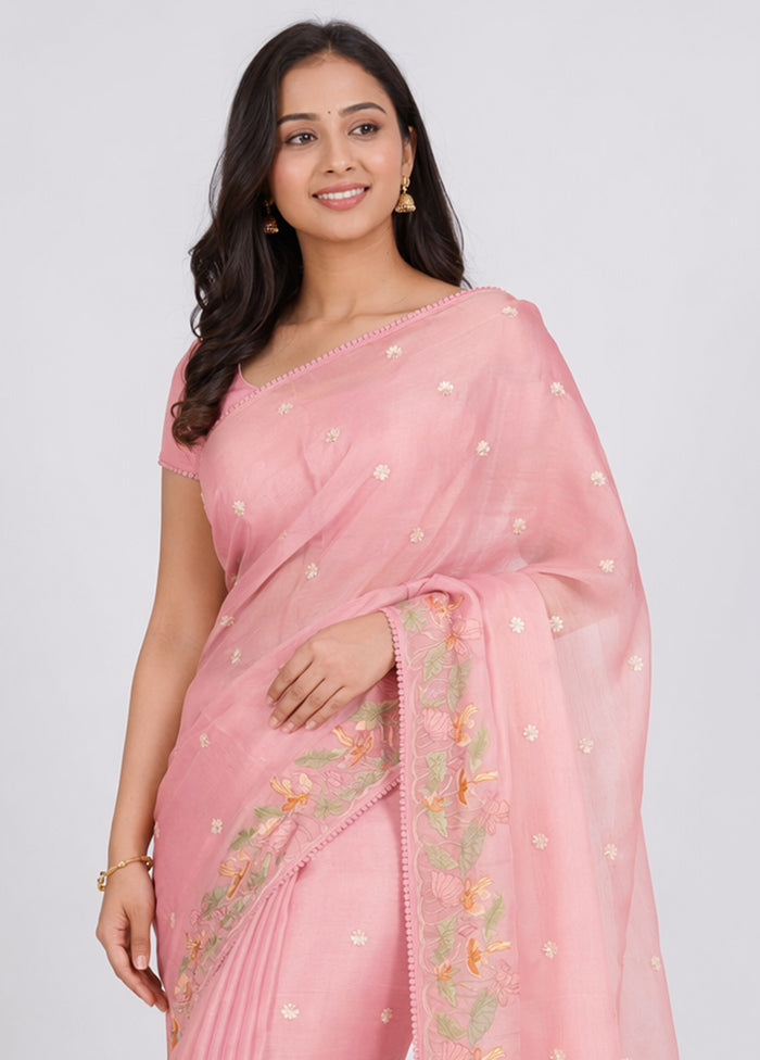 Pink Pure Cotton Saree With Blouse Piece