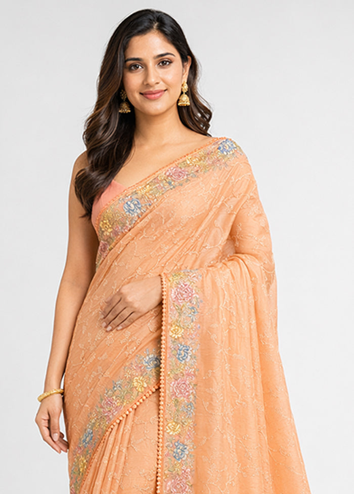 Peach Pure Cotton Saree With Blouse Piece