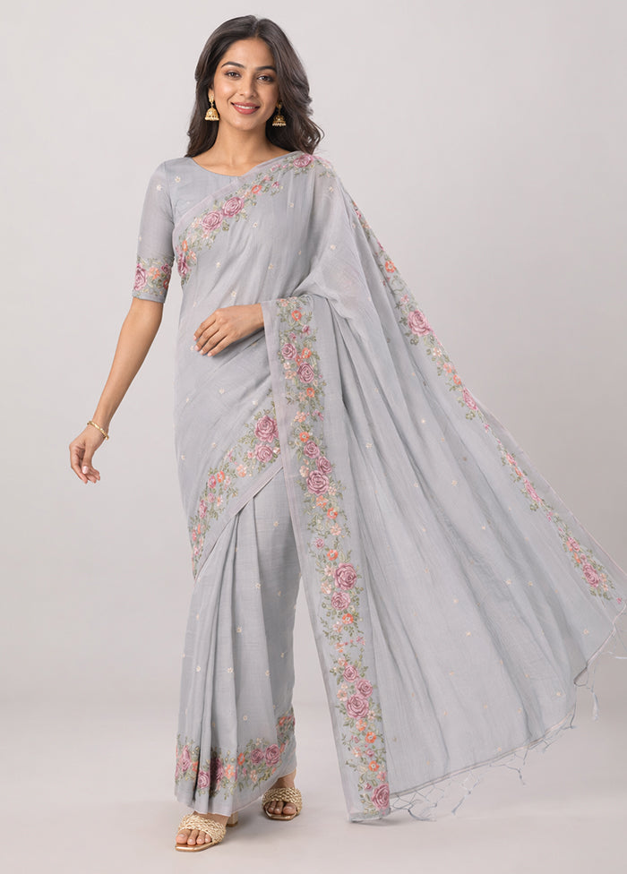 Grey Pure Cotton Saree With Blouse Piece