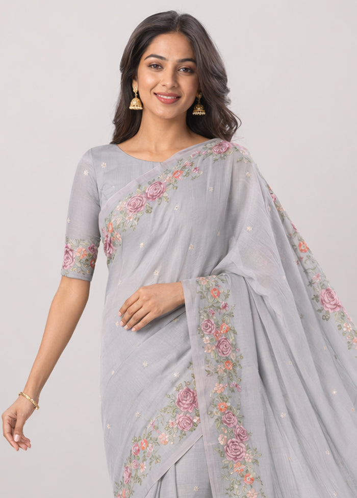 Grey Pure Cotton Saree With Blouse Piece