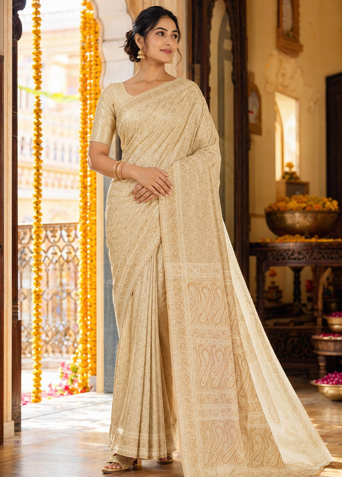 Cream Jamewar Silk Saree With Blouse Piece
