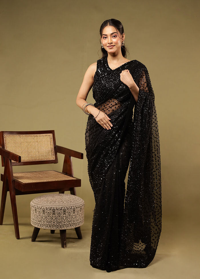 Black Handloom Pure Georgette Saree With Blouse Piece