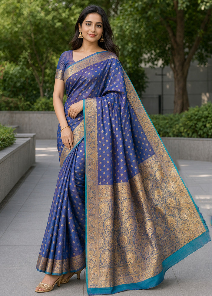 Blue Banarasi Silk Saree With Blouse Piece