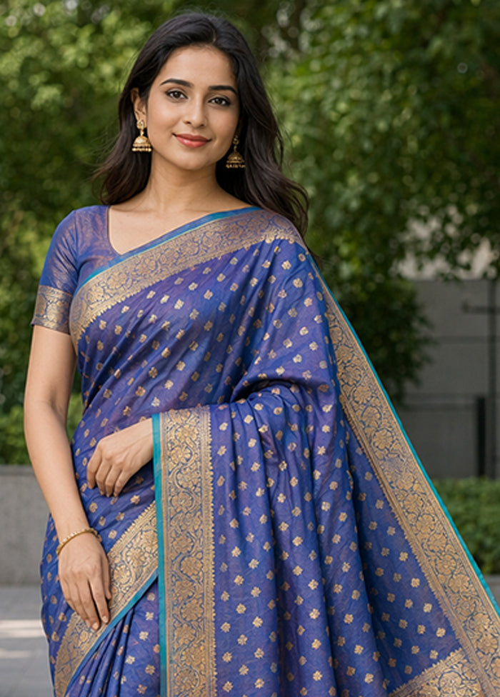 Blue Banarasi Silk Saree With Blouse Piece
