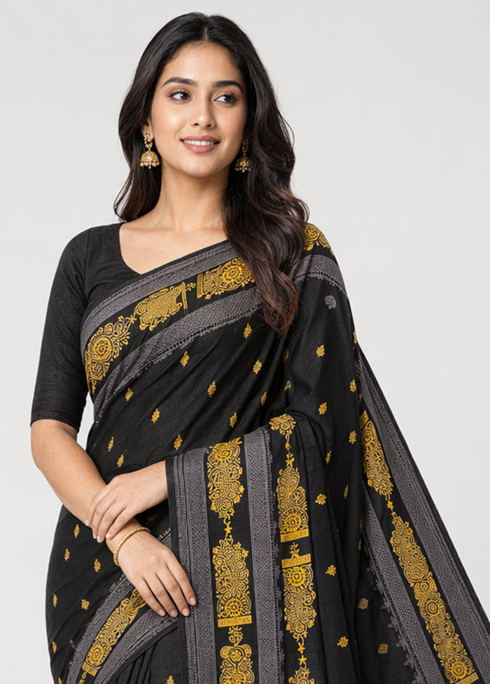 Black Printed Pure Silk Saree Without Blouse Piece