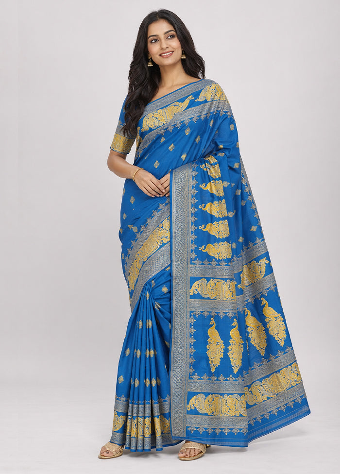 Blue Printed Pure Silk Saree Without Blouse Piece