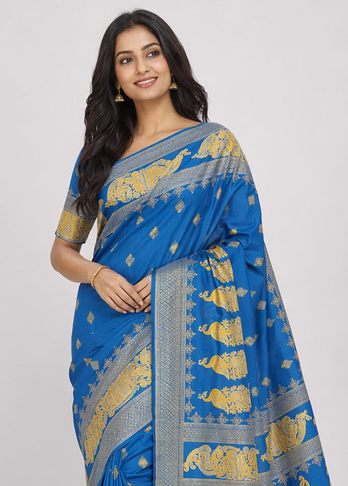 Blue Printed Pure Silk Saree Without Blouse Piece