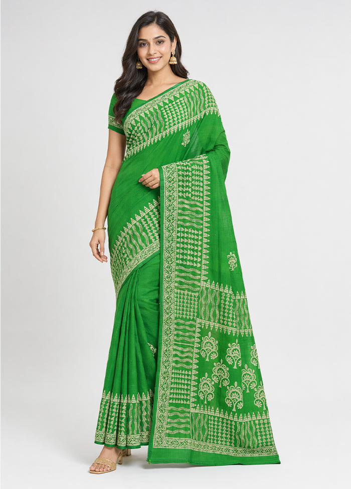 Green Printed Pure Silk Saree Without Blouse Piece