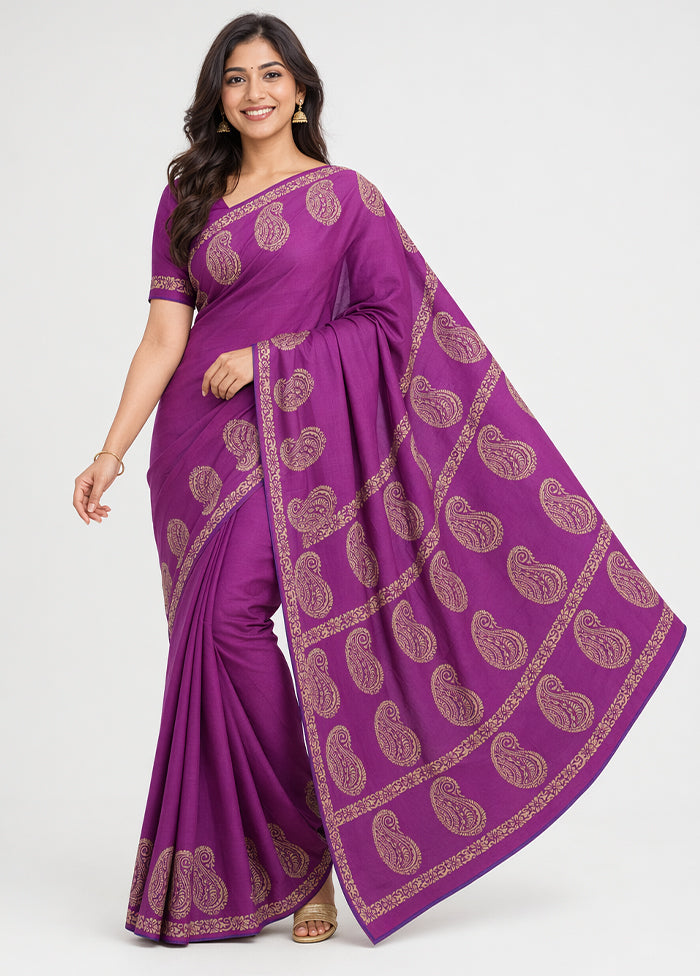 Purple Printed Pure Silk Saree Without Blouse Piece