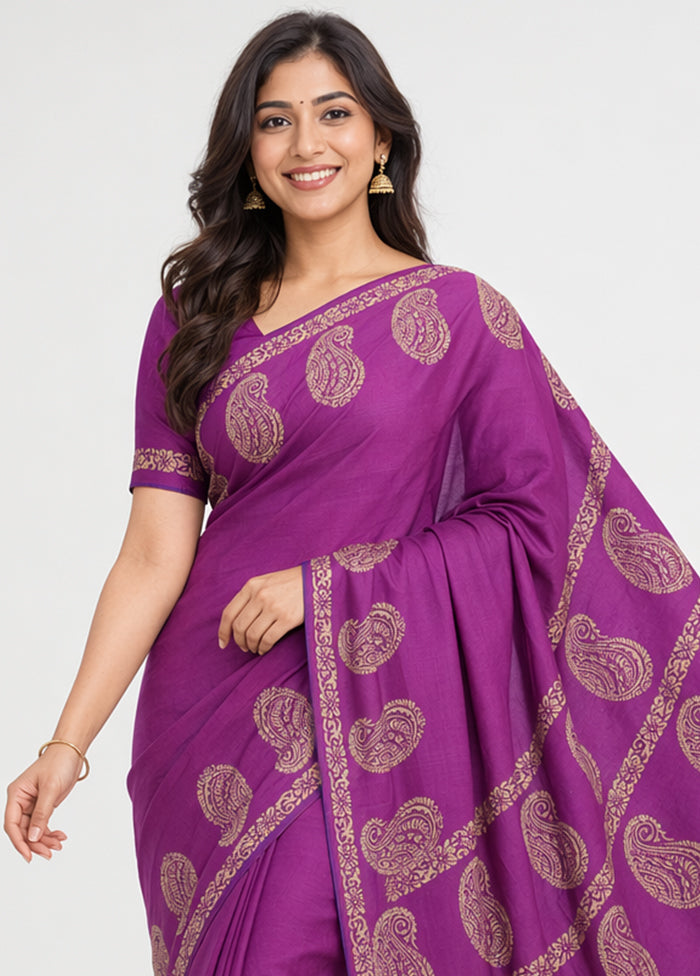 Purple Printed Pure Silk Saree Without Blouse Piece