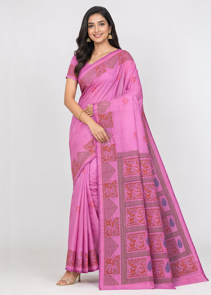 Pink Printed Pure Silk Saree Without Blouse Piece