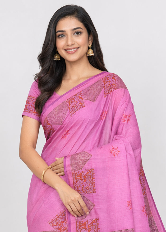 Pink Printed Pure Silk Saree Without Blouse Piece