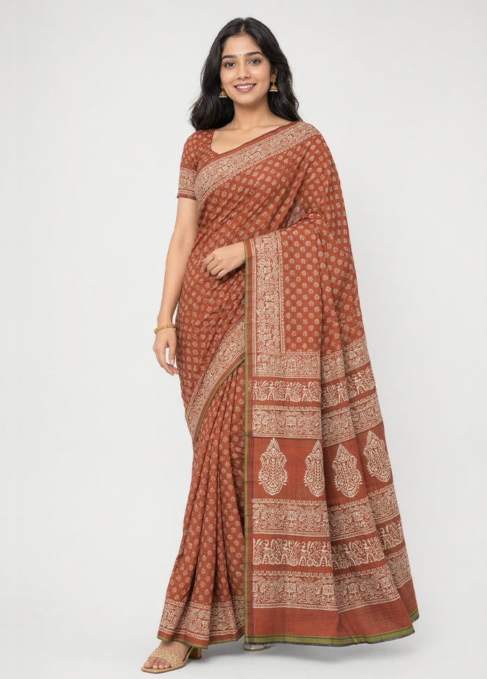 Rust Printed Pure Silk Saree Without Blouse Piece