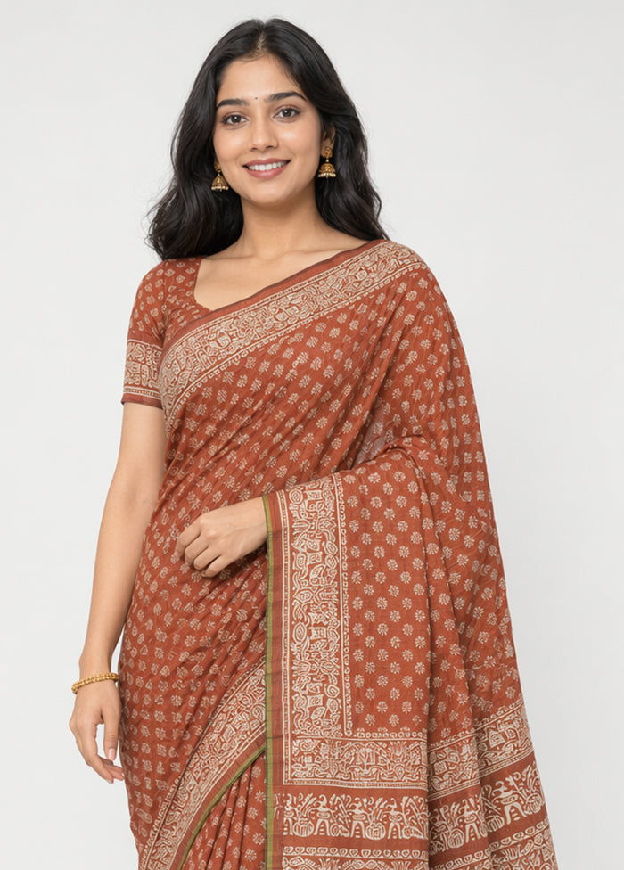 Rust Printed Pure Silk Saree Without Blouse Piece