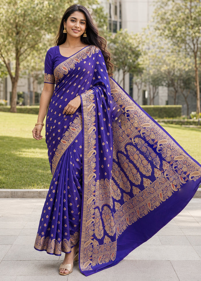Blue Handloom Banarasi Pure Silk Saree With Blouse Piece