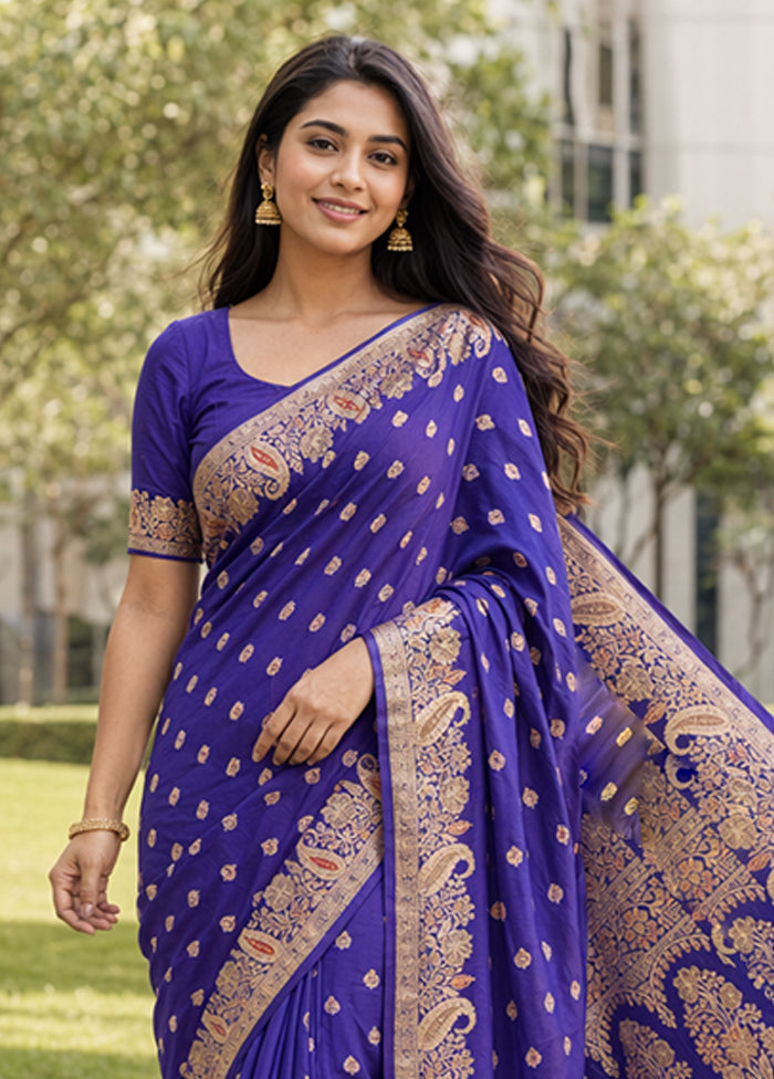 Blue Handloom Banarasi Pure Silk Saree With Blouse Piece