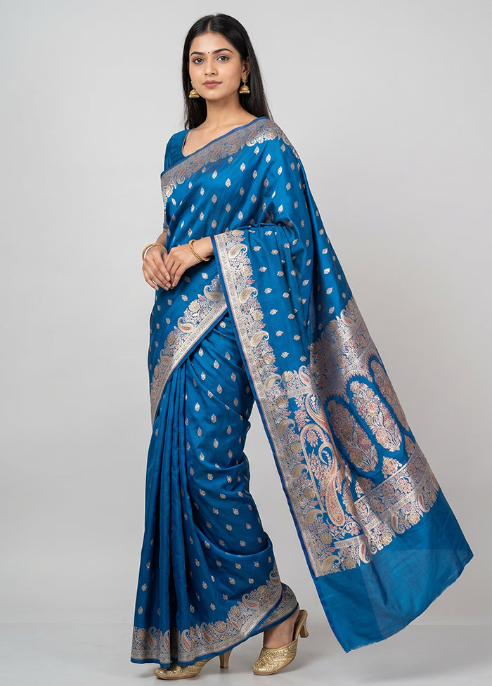 Blue Handloom Banarasi Pure Silk Saree With Blouse Piece