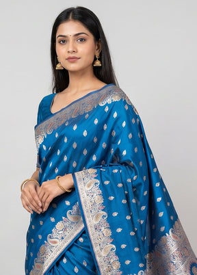 Blue Handloom Banarasi Pure Silk Saree With Blouse Piece