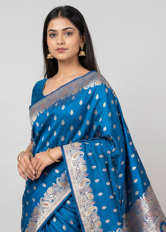 Blue Handloom Banarasi Pure Silk Saree With Blouse Piece