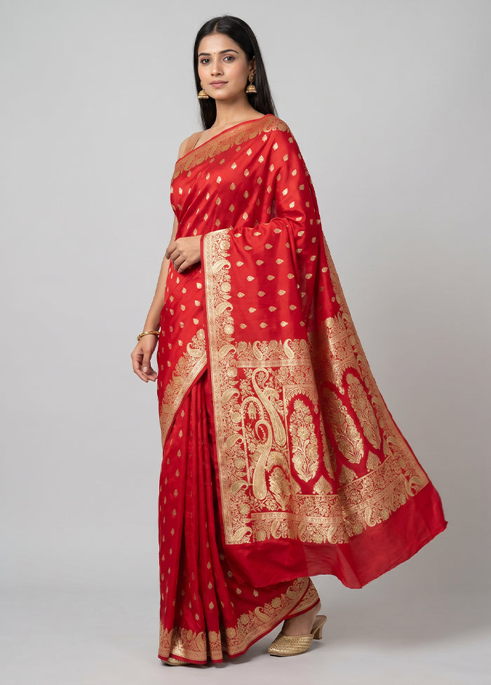 Red Handloom Banarasi Pure Silk Saree With Blouse Piece