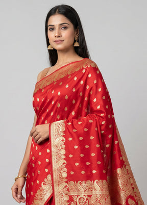 Red Handloom Banarasi Pure Silk Saree With Blouse Piece