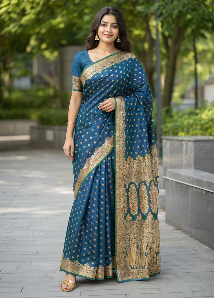 Blue Handloom Banarasi Pure Silk Saree With Blouse Piece